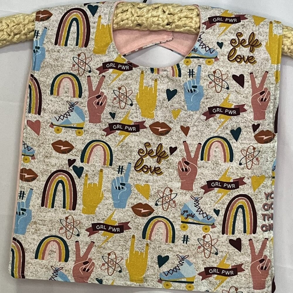 Baby or Toddler bib - Girl Power Peace Love Rainbow pink